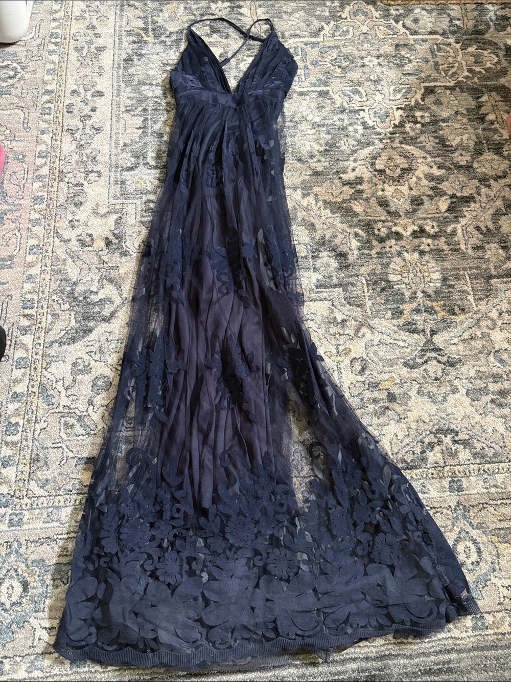 Luxxel Navy Floral Appliqué V-Neck Maxi Gown